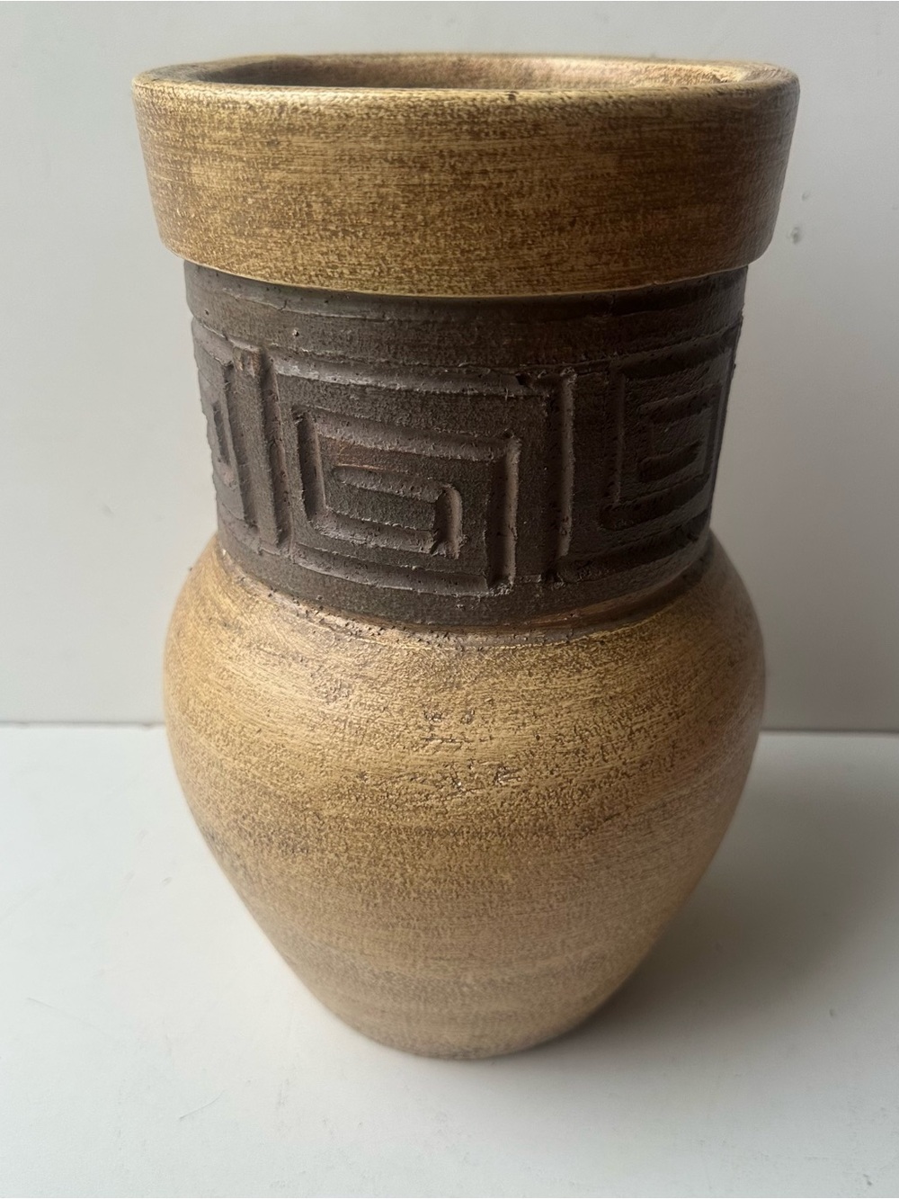 Vintage Tribal Style Art Pottery Vase Brown Tan Geometric Design Rustic Decor